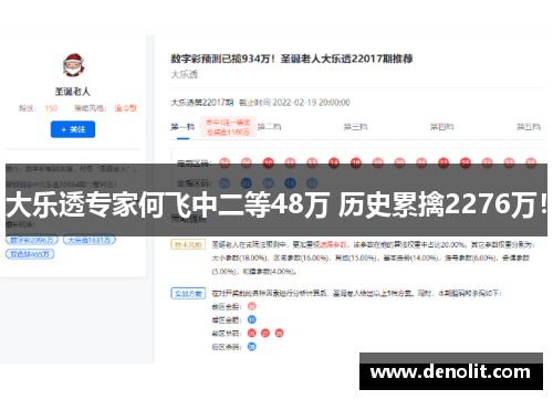 大乐透专家何飞中二等48万 历史累擒2276万！